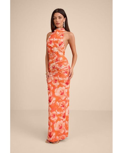 Lulus Orange Frona Floral Mesh Backless Maxi Dress