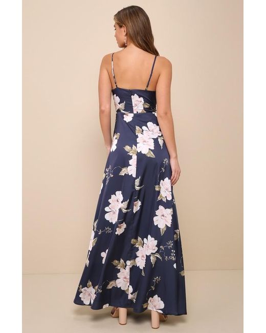 Lulus Blue Radiant Occasion Floral Satin A-Line Maxi Dress