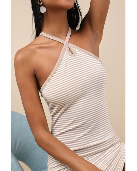 Lulus Natural Maveline Striped Ribbed Knit Halter Mini Dress