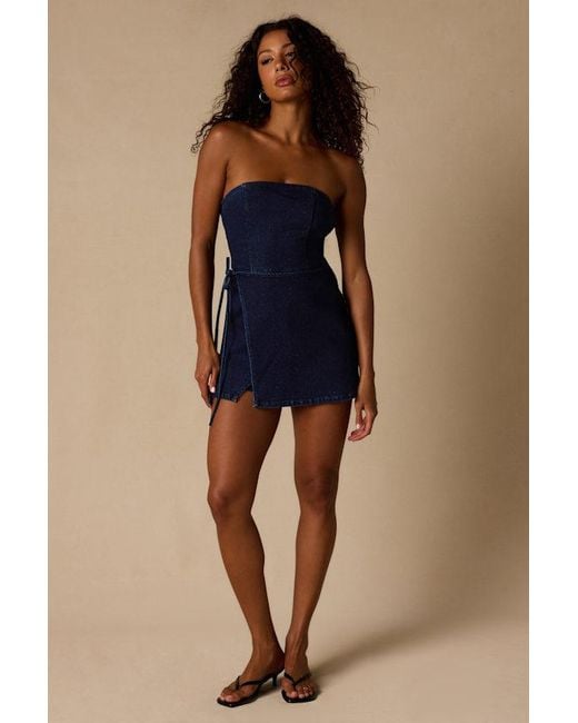 Lulus Blue Ena Dark Wash Denim Skort Romper