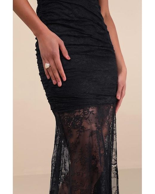 Lulus Blue Hespera Lace Ruched Bustier Mermaid Maxi Dress