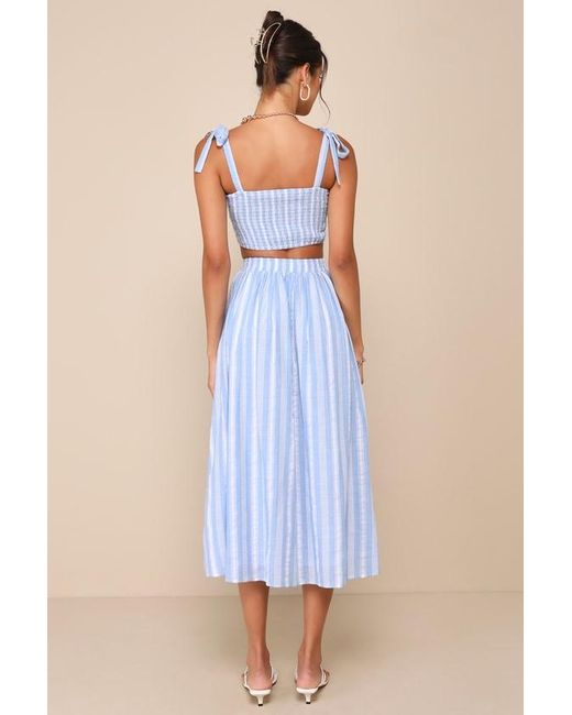 Lulus Blue Cheerful Season Striped Two-Piece Midi Dress With Pockets