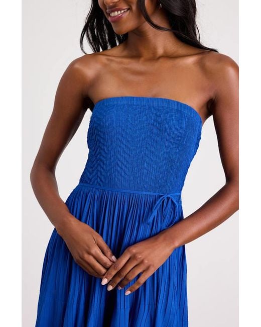 Lulus Blue Altana Pleated Strapless Midi Dress