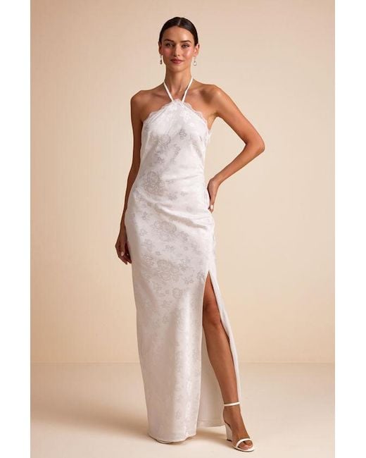 Lulus Natural Emeris Satin Jacquard Lace Halter Maxi Dress