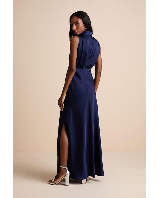 Lulus Blue Classic Elegance Satin Sleeveless Mock Neck Maxi Dress