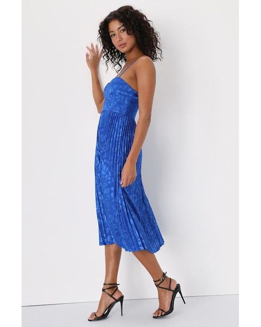 Lulus Blue Chic Sensibility Satin Jacquard Pleated Midi Dress