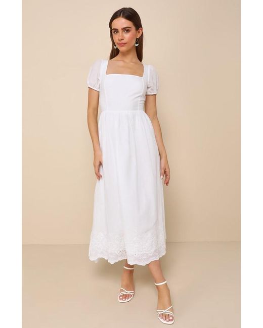 Lulus Natural Stylish Merriment Puff Sleeve Embroidered Midi Dress