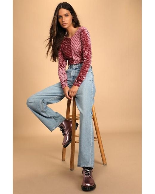 Lulus Red Save The Date Dusty Velvet Striped Long Sleeve Bodysuit