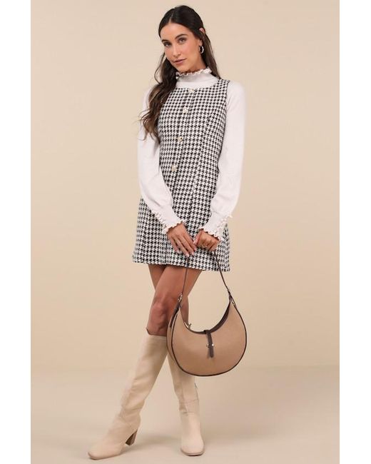 Lulus Brown Coveted Poise Houndstooth Button-Front Shift Mini Dress