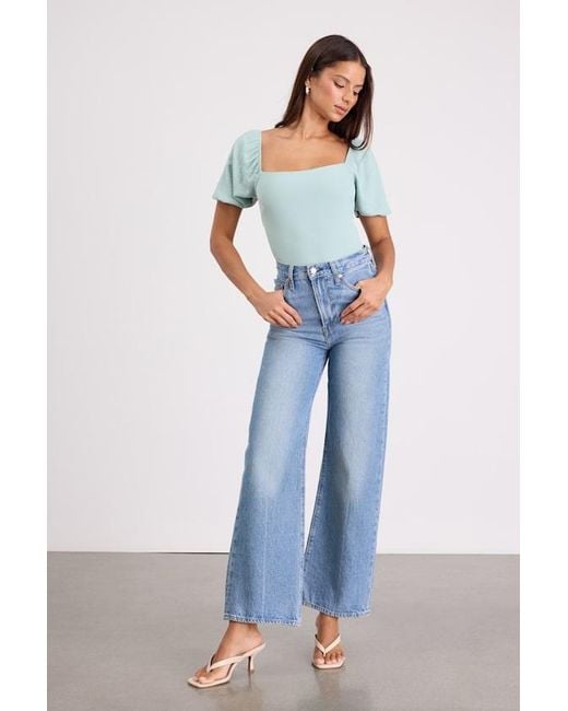 Lulus White Abundance Of Love Mint Textured Puff Sleeve Tie-Back Bodysuit