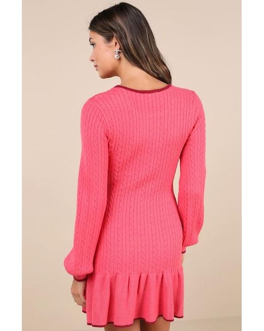Lulus Pink Coziest Poise Cable Knit Long Sleeve Sweater Mini Dress