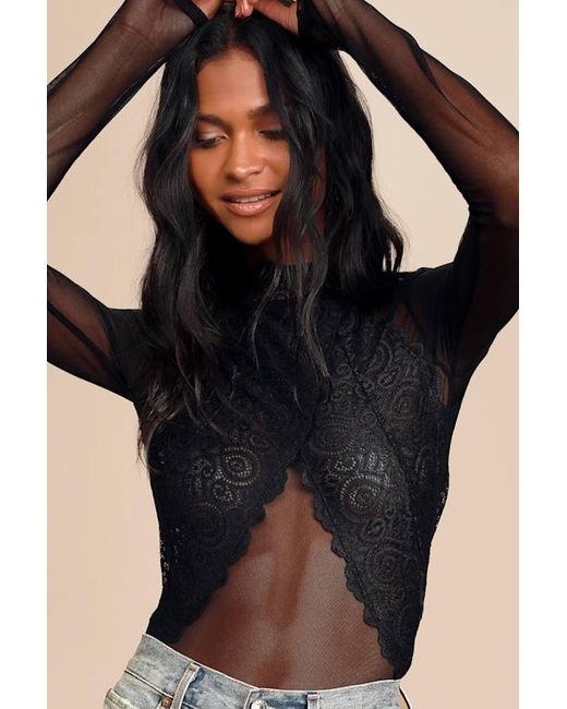 Lulus Black Show Stopping Sheer Lace Long Sleeve Bodysuit