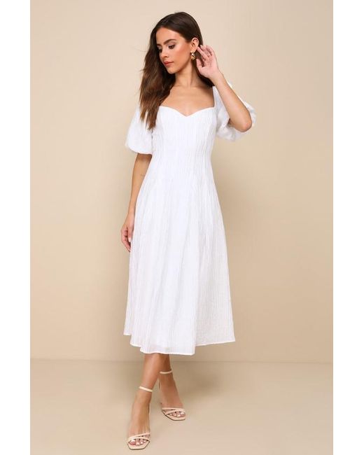 Lulus Natural Heavenly Energy Textured Puff Sleeve Pleated Midi Dress