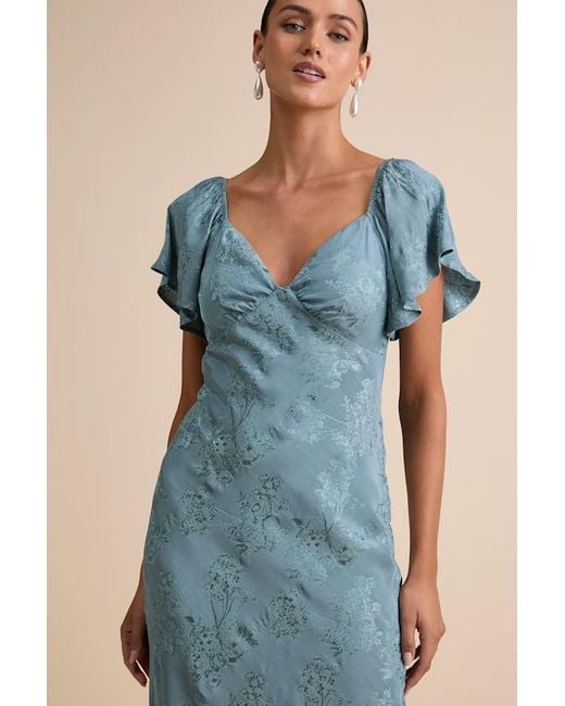 Lulus Blue Effervescent Afternoon Slate Satin Flutter Sleeve Midi Dress