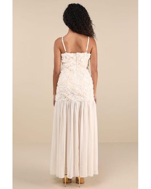 Lulus Natural Kalene Cream 3D Rosette Sheer Hem Maxi Dress
