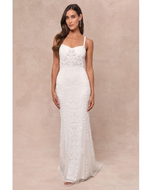 Lulus Natural Momentous Love Beaded Bustier Mesh Mermaid Maxi Dress
