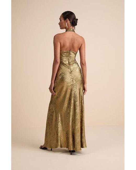 Lulus Natural Knoxley Shiny Lurex Cross-Front Halter Maxi Dress