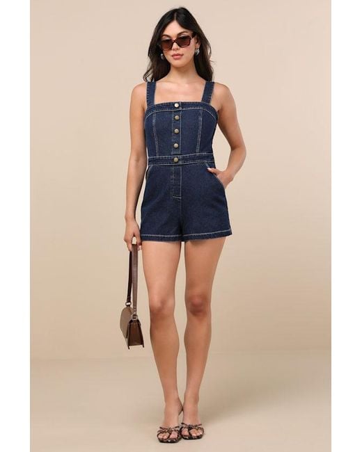 Lulus Blue Thema Dark Wash Denim Button-Front Romper