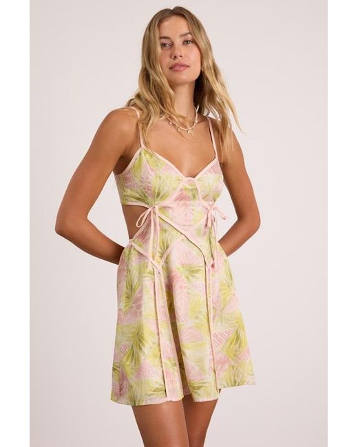 Lulus Natural Farrah Lime And Leaf Print Cutout Mini Dress