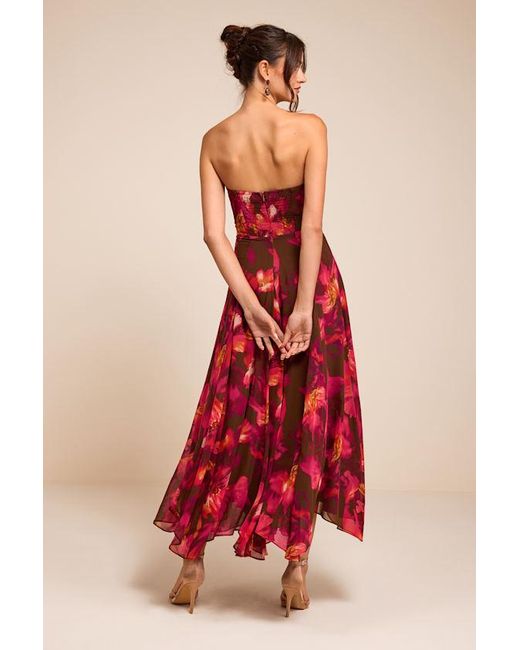Lulus Red Madoria Multi Floral Strapless Midi Dress
