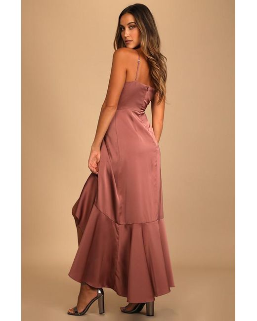 Lulus Brown Enchanted Moments Satin Ruffled High-Low Dress
