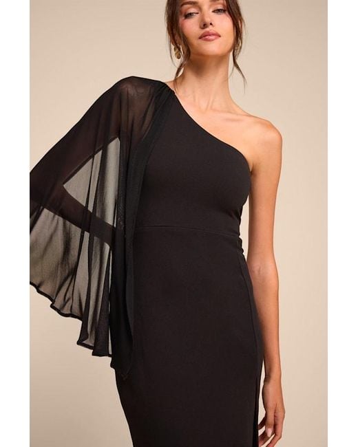 Lulus Black Majestic Attitude Cape Sleeve One-Shoulder Maxi Dress