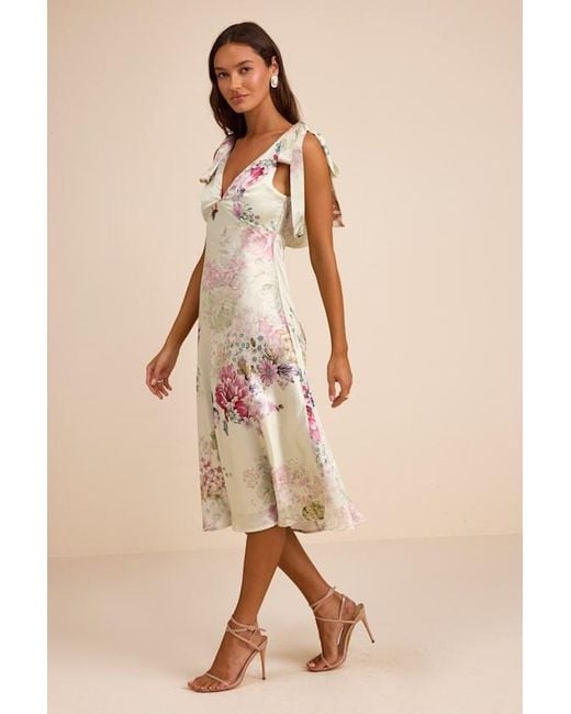 Lulus Natural Zoella Pale Mint Floral Satin Tie-Strap Midi Dress