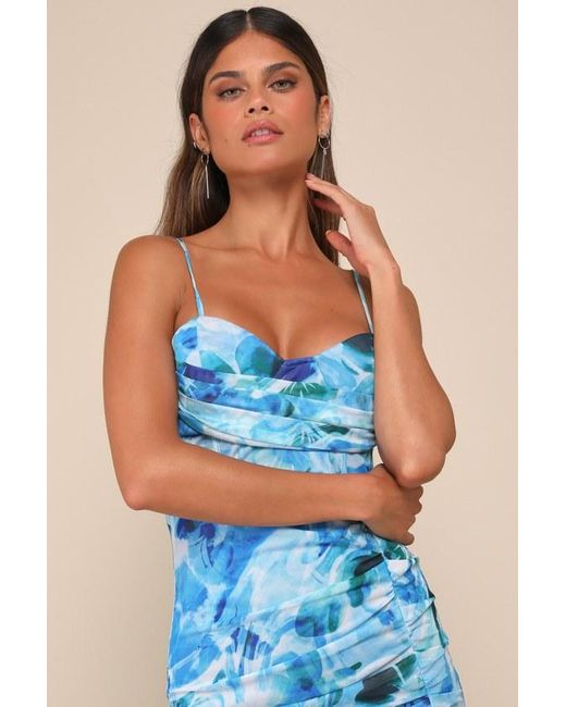 Lulus Blue Stunning Wonder Floral Mesh Bustier Mermaid Maxi Dress