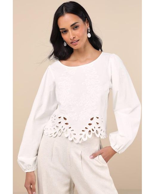 Lulus Natural Adjoa Embroidered Scalloped Blouson Sleeve Top