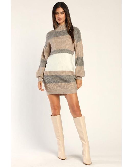 Lulus Natural Casually Comfy Multi Striped Mock Neck Sweater Dress