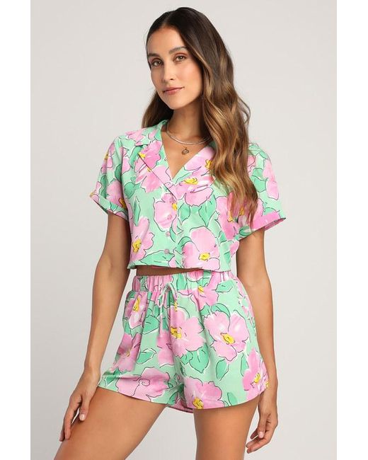 Lush Pink Sun And Blooms Multi Floral Print Two-Piece Romper