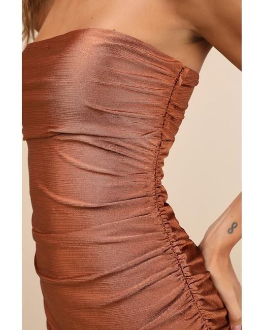 Lulus Natural Gorgeous Reputation Copper Strapless Ruched Midi Dress