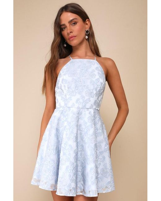 Lulus Blue Pleasantly Darling Jacquard Floral Backless Mini Dress