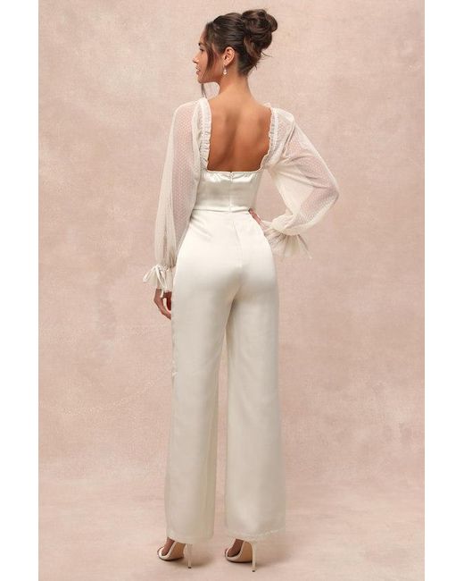 Lulus Natural Gracefully Modern Satin Mesh Long Sleeve Bustier Jumpsuit