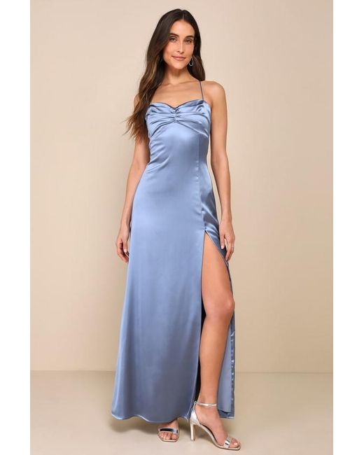 Lulus Blue Stunning Example Slate Satin Pleated Backless Maxi Dress