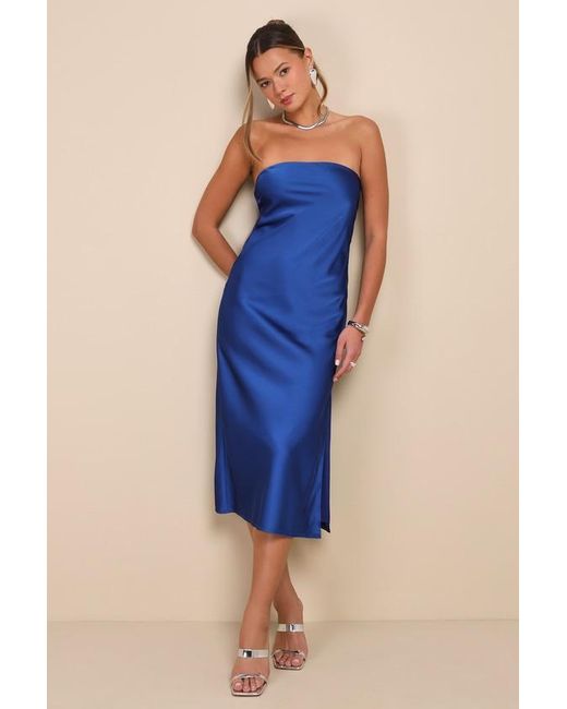 Lulus Blue Effortless Bliss Satin Strapless Cowl Back Midi Dress