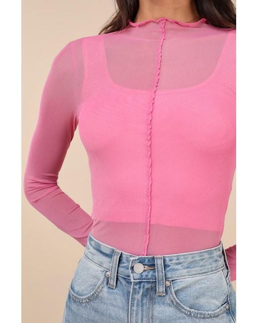 Lulus Pink Desired Trend Mesh Long Sleeve Top