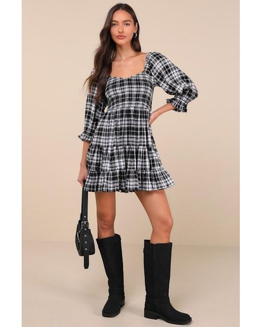 Lulus Black No One Cuter And Ivory Plaid Puff Sleeve Tiered Mini Dress