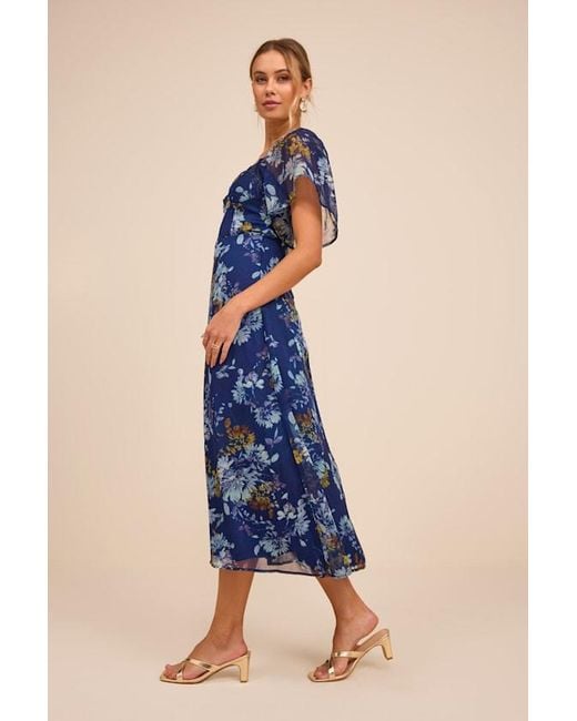 Lulus Blue Valla Floral Flutter Sleeve Midi Dress