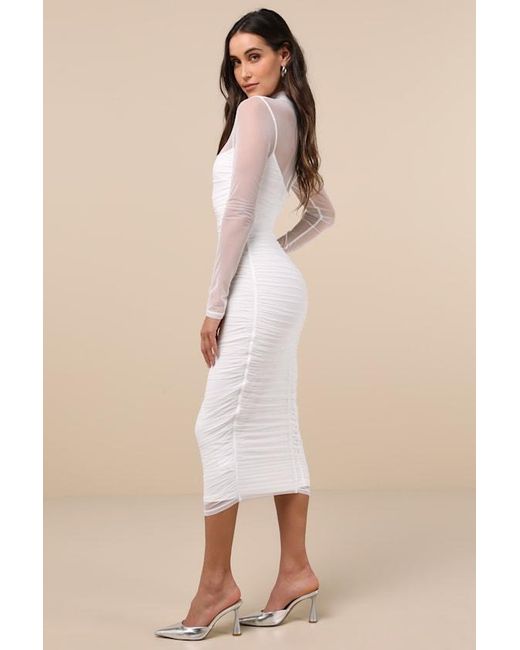 Lulus Natural Impressive Flirt Mesh Ruched Mock Neck Midi Dress