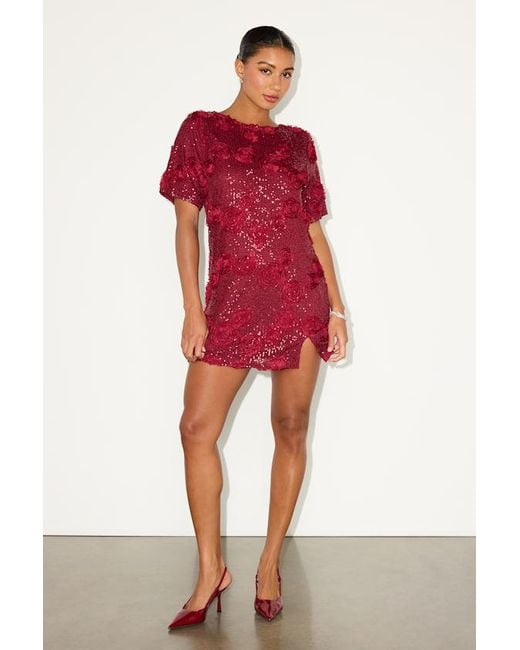 Lulus Kayleena Sequin Rosette Tie-Back Shift Dress in Red | Lyst
