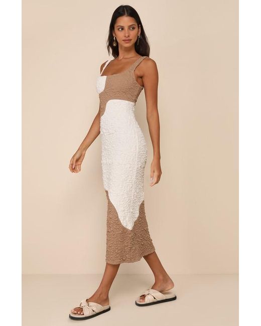 Lulus Natural Instantly Adored Taupe And Cream Color Block Textured Midi Dress