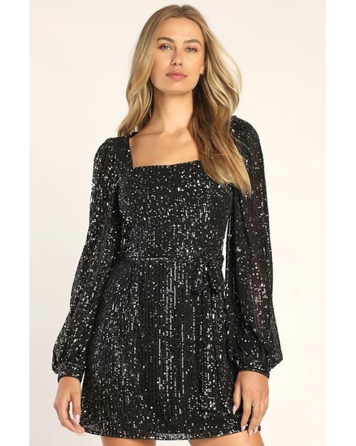 Lulus Black Festive Mood Sequin Long Sleeve Mini Dress