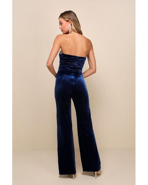 Lulus Blue Fabulous Instinct Velvet Pearl Strapless Jumpsuit
