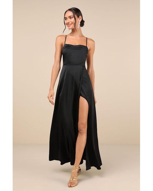 Lulus Black So Loving Satin Pleated Lace-Up Backless Maxi Dress