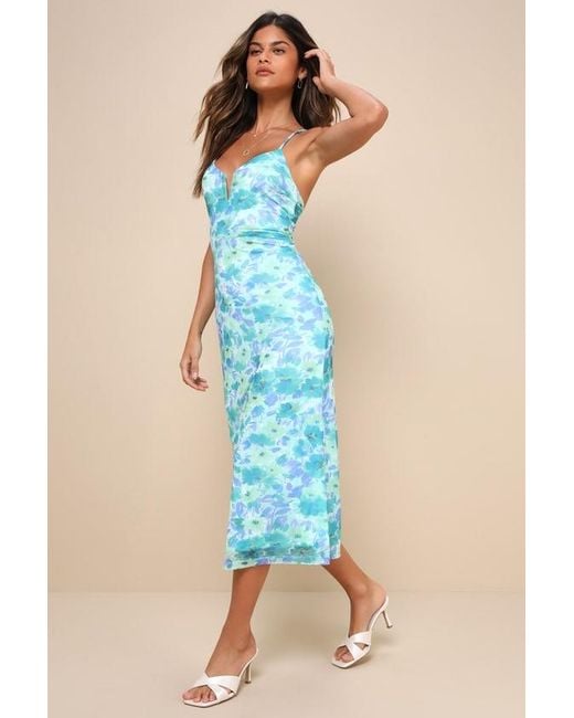 Lulus Blue Total Crush Floral Print Mesh Lace-Up Midi Dress
