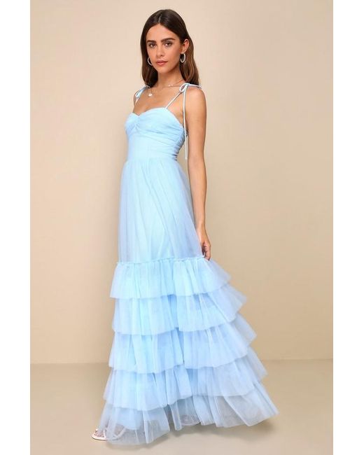 Lulus Blue Endlessly Darling Mesh Tiered Tie-Strap Maxi Dress