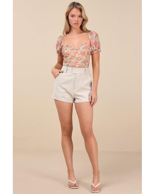 Lulus Orange Vibrant Flirt Floral Mesh Puff Sleeve Ruched Bodysuit
