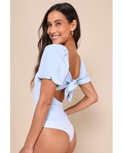 Lulus Blue Abundance Of Love Textured Puff Sleeve Tie-Back Bodysuit
