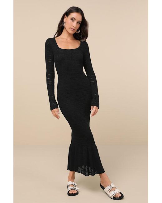 Lulus Black Sunset Moments Crochet Long Sleeve Trumpet Midi Dress